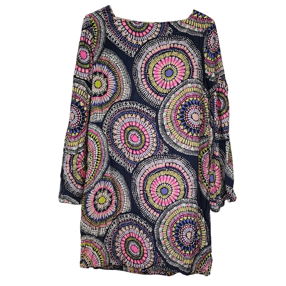ALICE & TRIXIE MINI DRESS WOMENS L SILK SPLIT SLEEVE MEDALLION BOHO RETRO SHIFT